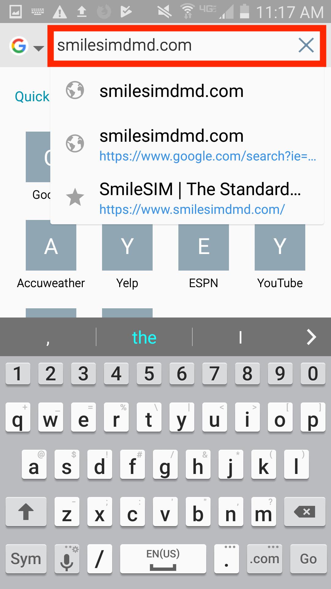 Access SmileSIM from your Android web browser (the icon looks like a globe)