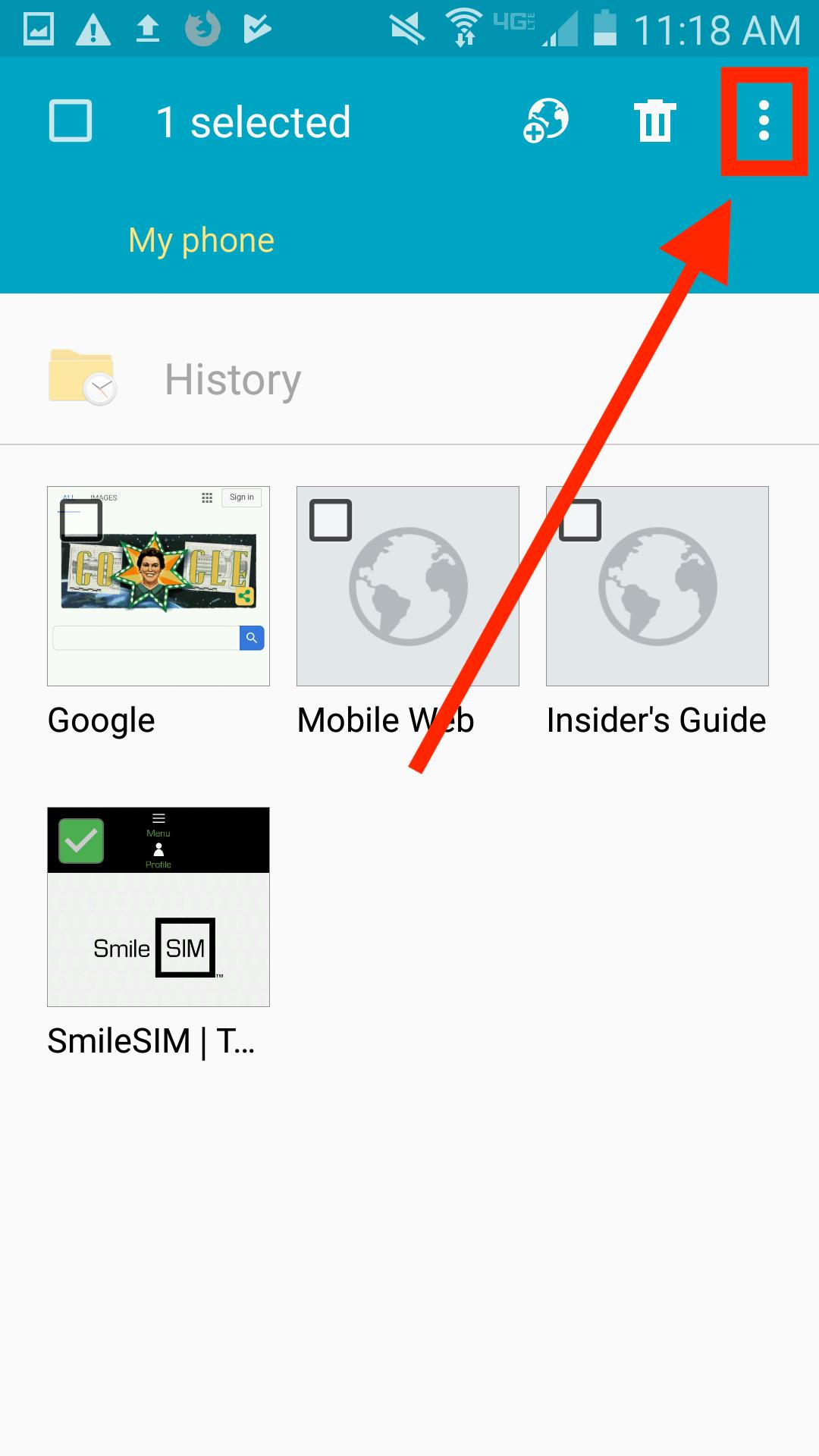 On the bookmarks screen, you'll see the SmileSIM you've just created. Select it by holding it until a box appears. Select the SmileSIM page, so a green check appears. Then, select the menu icon in the top right (three horizontal dots)