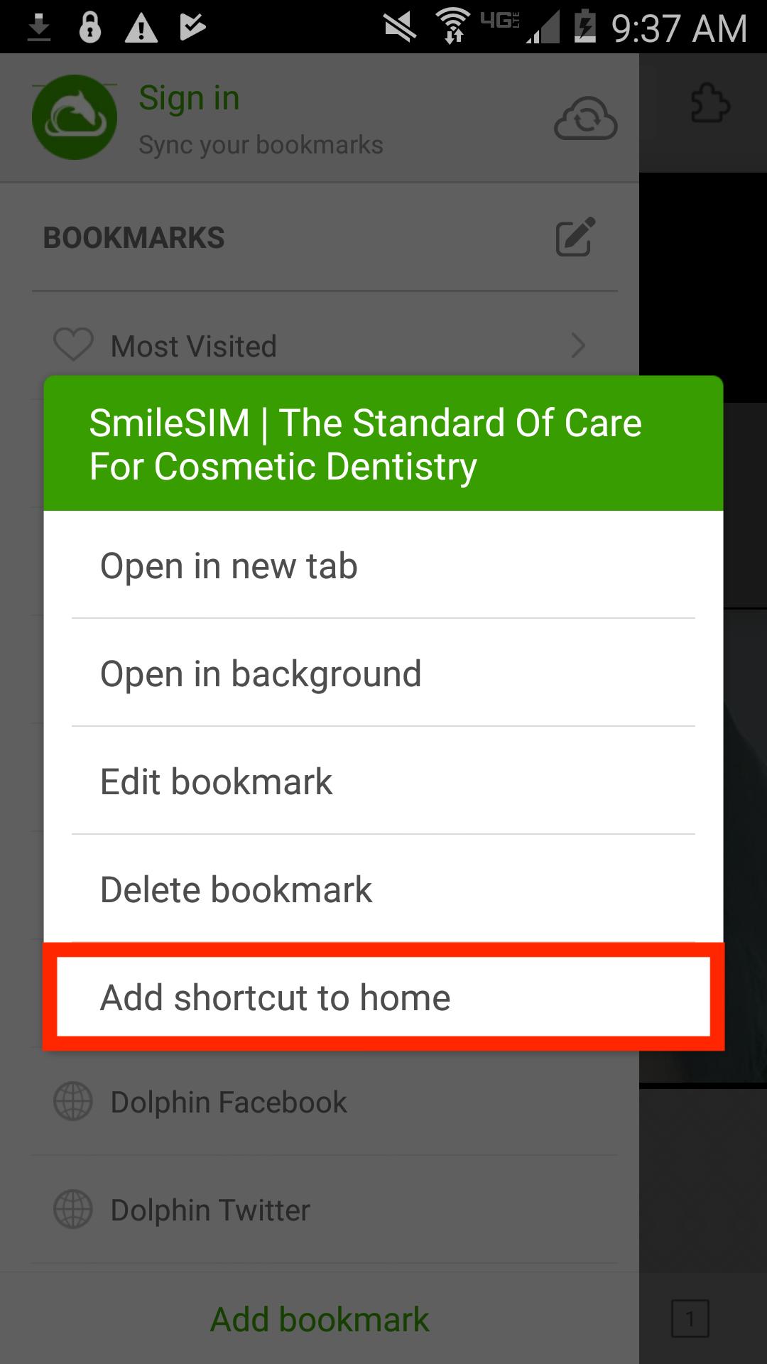 Select the SmileSIM page in the menu. Hold it for a few seconds until another menu appears. Select "Add shortcut to home".